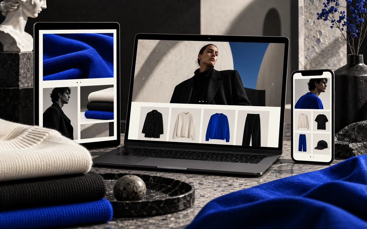 Fashion ecommerce storefront on laptop, tablet, and phone