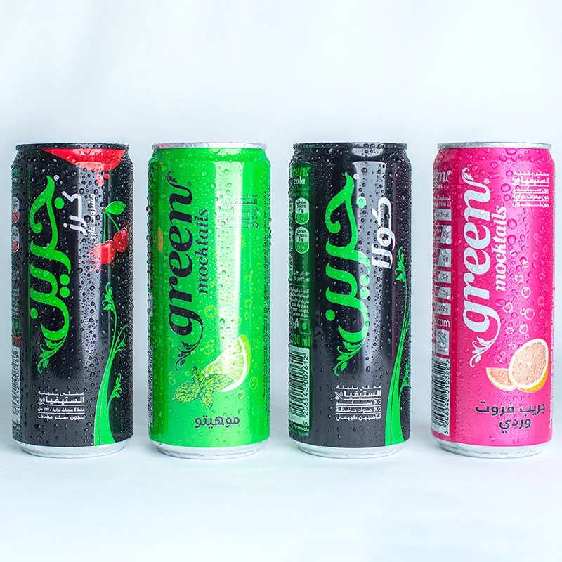Four chilled beverage cans in a studio lineup