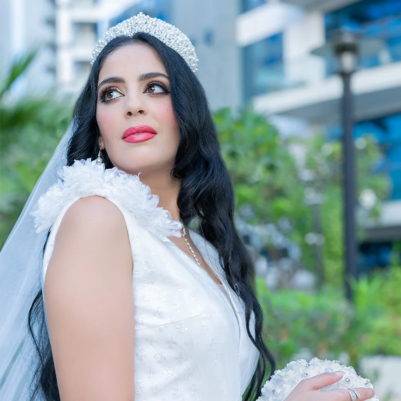 Close editorial portrait of a bride